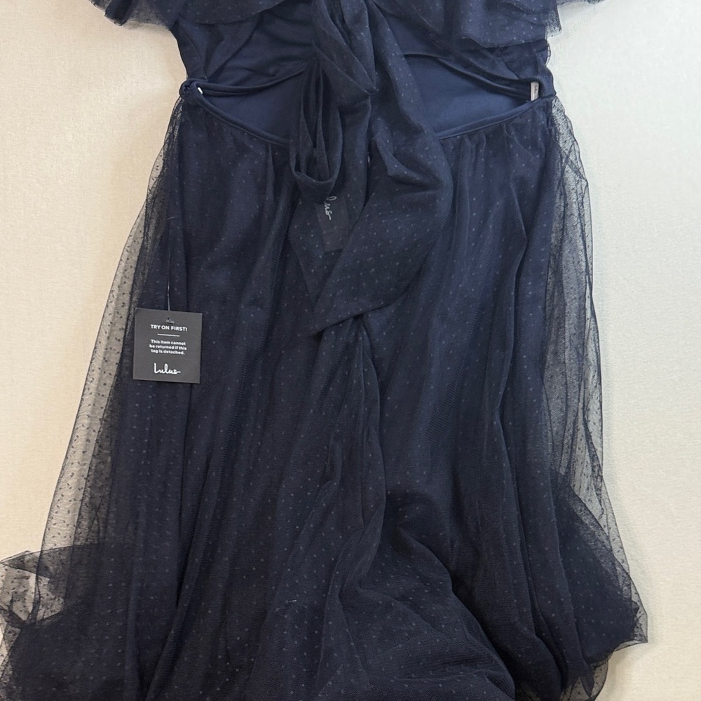 Lulu's Navy Tulle Maxi with Ruffle Cap Sleeves - Picture 6 of 11